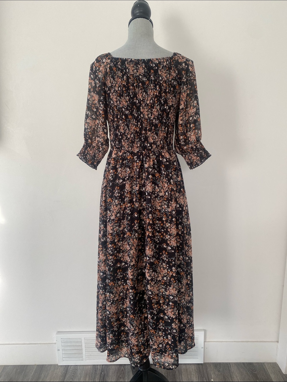 Mikarose Black Babydoll Maxi Dress Peach Floral Print Sz M Smocking Sheer Sleeve - Picture 9 of 13
